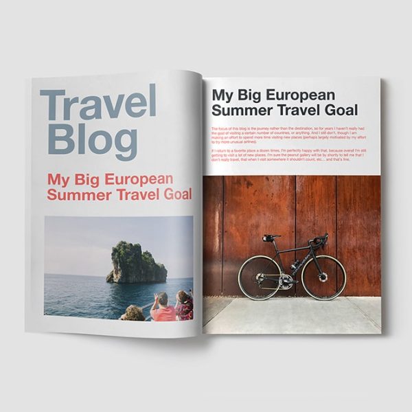 An open magazine with the title "Travel Blog" and the headline "My Big European Summer Travel Goal." The left page shows a small rock island with greenery in blue water, while the right page features a black bicycle against a brown, textured wall. Discover travel tips on our mobile app!